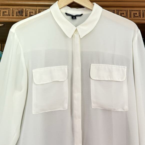 WW118 by Walter Baker White Flowy HiLo Blouse Sz M Longer Length Front Pockets - Picture 2 of 6